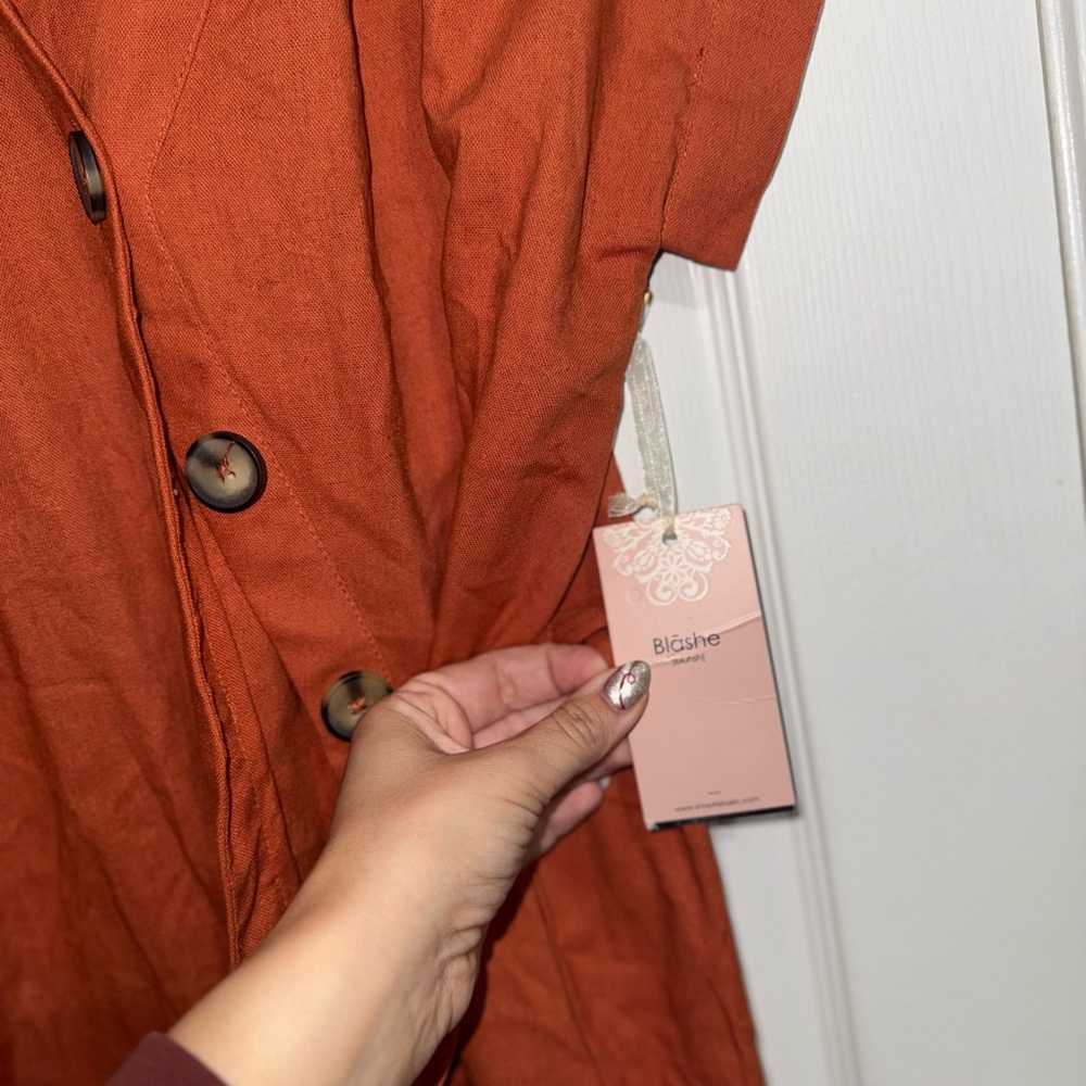 Rust Orange Button-Up Dress with Cap Sleeves - Picture 5 of 8